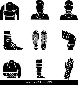 Traitement des traumatismes glyphe icons set. La ceinture thoracique, collier cervical, la cheville et du genou accolades, semelles, antidémarrage, épaule, poignet soutien shin attelle. Silhouet Illustration de Vecteur