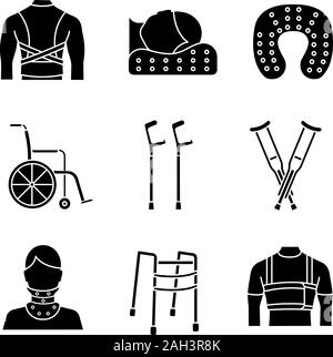 Traitement des traumatismes glyphe icons set. Correcteur de posture, cou Oreiller Orthopédique, fauteuil roulant, béquilles axillaires, coude, collier cervical, walker, ceinture thoracique. Illustration de Vecteur