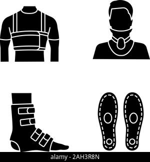 Traitement des traumatismes glyphe icons set. Les hommes de chirurgie thoracique, la ceinture collier cervical, cheville pied semelles orthopédiques, brace. Symboles de Silhouette. Vector isolated Illustration de Vecteur