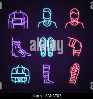 Traitement des traumatismes neon light icons set. La ceinture thoracique, collier cervical, la cheville et du genou accolades, semelles, antidémarrage, épaule, poignet soutien shin attelle. Glo Illustration de Vecteur