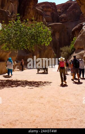 Petra, Jordanie - 8 octobre 2018 : Tourisme sur le site archéologique de l'ancien Petra avec des visiteurs dans le Wadi Musa, Jordanie. Banque D'Images