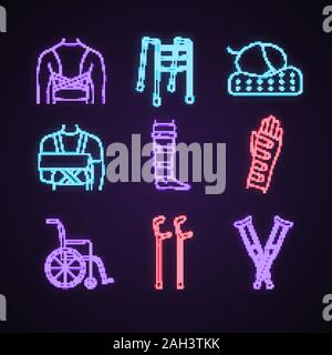 Traitement des traumatismes neon light icons set. Correcteur de posture, walker, Oreiller Orthopédique de l'épaule, antidémarrage, Shin, Renfort coude et Béquilles axillaires. Gl Illustration de Vecteur