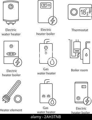 Chauffage icons set linéaire. Chaudières, appareils de chauffage, thermostat, chaufferie. Gaz et chauffe-eau électrique. Symboles de contour. Grandes lignes vectorielles illustrat Illustration de Vecteur