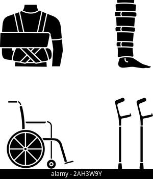 Traitement des traumatismes glyphe icons set. Antidémarrage, épaule shin brace, fauteuil roulant, béquilles du coude. Symboles de Silhouette. Vector illustration isolé Illustration de Vecteur