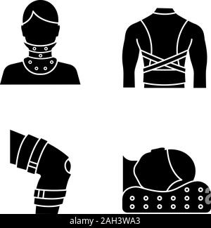 Traitement des traumatismes glyphe icons set. Collier cervical, correcteur de posture, attelle de genou, Oreiller Orthopédique. Symboles de Silhouette. Vector illustration isolé Illustration de Vecteur