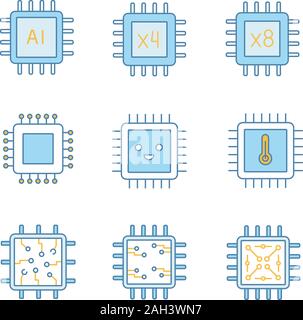 Couleur processeurs icons set. Puce de l'IA, le quad, l'octa core, circuit intégré, la température du microprocesseur Puce, souriant. Vecteur isolé illustr Illustration de Vecteur