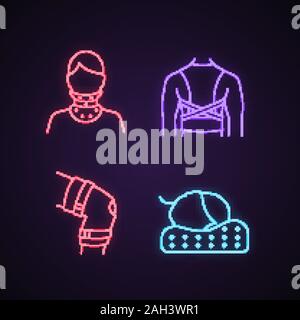 Traitement des traumatismes neon light icons set. Collier cervical, correcteur de posture, attelle de genou, Oreiller Orthopédique. Les panneaux lumineux. Vector illustrations isolées Illustration de Vecteur