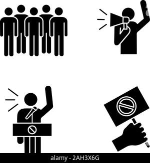 Action de protestation, glyphe icons set. Réunion, manifestant, bannière de protestation, discours. Symboles de Silhouette. Vector illustration isolé Illustration de Vecteur