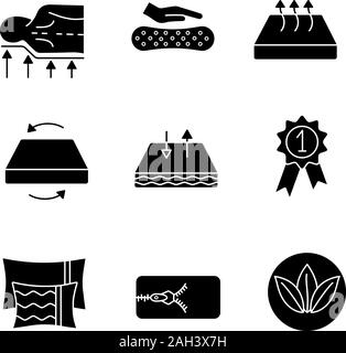 Glyphe de matelas icons set. Orthopédie, latex, respirant, saison deux, un matelas écologique avec couvercle amovible, d'oreillers et d'attribution médaille. Silhouette sy Illustration de Vecteur