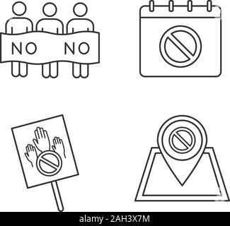 Action de protestation icons set linéaire. Le mouvement de protestation sociale date, lieu, bannière, piquet. Fine ligne contour des symboles. Grandes lignes vectorielles illustrati Illustration de Vecteur