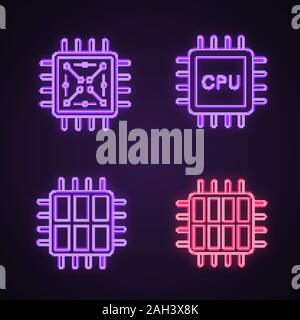 Les transformateurs neon light icons set. Puce, microprocesseur, CPU, six et octa core. Les panneaux lumineux. Vector illustrations isolées Illustration de Vecteur