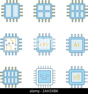 Couleur processeurs icons set. L'octa, double, quadruple, six core chips, CPU, processeur triste, circuit intégré, AI microprocesseur. Illustrations vectorielles Illustration de Vecteur