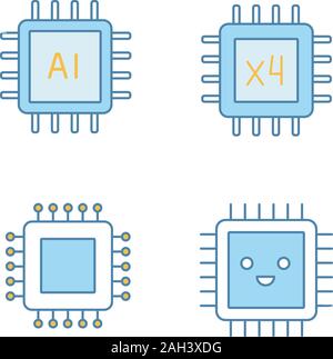 Couleur processeurs icons set. Puce, circuit intégré pour système d'ia, smiling, Microprocesseur processeur quad core. Illustrations vectorielles Illustration de Vecteur