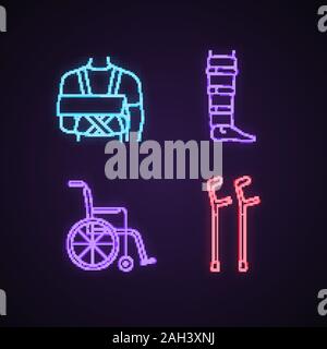 Traitement des traumatismes neon light icons set. Antidémarrage, épaule shin brace, fauteuil roulant, béquilles du coude. Les panneaux lumineux. Vector illustrations isolées Illustration de Vecteur