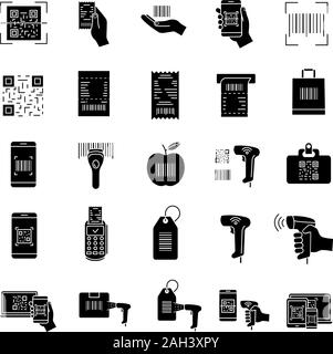 Glyphe de codes-barres icons set. Matrice linéaire, des codes à barres. Lecture des codes à barres, périphériques et applications de numérisation. En utilisant les codes QR dans la vente au détail, le contrôle des stocks, la livraison Illustration de Vecteur