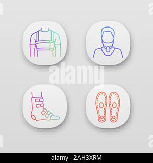 Traitement des traumatismes app icons set. Les hommes de chirurgie thoracique, la ceinture collier cervical, cheville pied semelles orthopédiques, brace. UI/UX interface utilisateur. Ap mobile ou Web Illustration de Vecteur