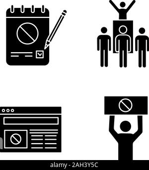 Action de protestation, glyphe icons set. Pétition de protestation, chef, mouvement social, politique internet news. Symboles de Silhouette. Vector illustration isolé Illustration de Vecteur