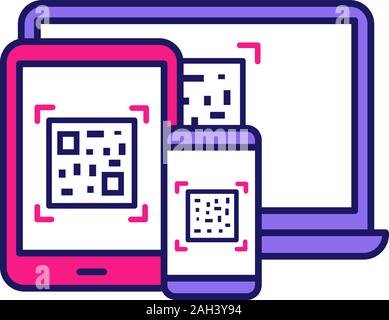 Les codes QR sur différents périphériques icône couleur. Les codes à barres de la matrice génératrice. Les codes 2D sur ordinateur portable, smartphone ou tablette PC. Matrice de données. Lecture des codes à barres et de s Illustration de Vecteur