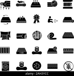 Glyphe de matelas icons set. Latex, ressorts ensachés et matelas de mousse de mémoire. Respirante, imperméable, anatomiques, écologiques, literie antiallergique. Silhouett Illustration de Vecteur