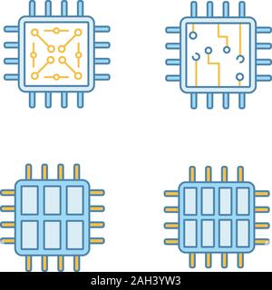 Couleur processeurs icons set. Puce, microprocesseur, unité intégrée, six et octa core. Illustrations vectorielles Illustration de Vecteur