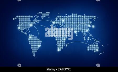 Carte du monde pointillée avec chemins de vol. Arrière-plan bleu foncé flou avec une résolution de 4 k. Photo conceptuelle des communications mondiales, des voyages et de la mondialisation Banque D'Images
