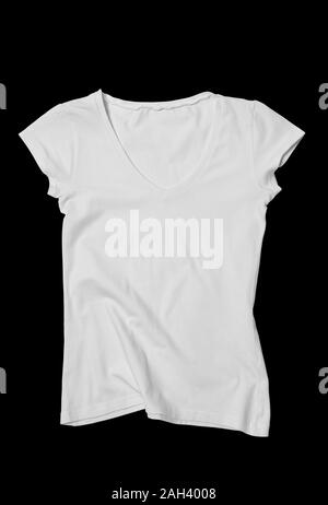 Blanc blanc T-shirt femme noir sur fond de coupe. Mock-up. Banque D'Images