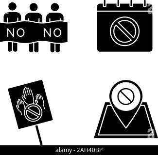 Action de protestation, glyphe icons set. Le mouvement de protestation sociale date, lieu, bannière, piquet. Symboles de Silhouette. Vector illustration isolé Illustration de Vecteur