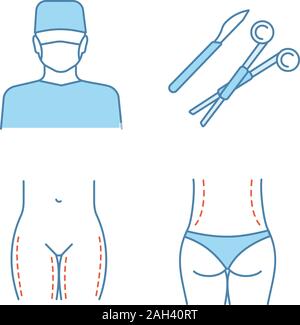 La chirurgie en plastique color icons set. Chirurgien, le scalpel et le collier, lifting des cuisses, chirurgie de correction de la taille. Illustrations vectorielles Illustration de Vecteur