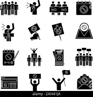 Action de protestation, glyphe icons set. Les manifestations de masse. Comportement politique. Mouvements sociaux et politiques. La démocratie et la protection des droits de l'homme. Silho Illustration de Vecteur