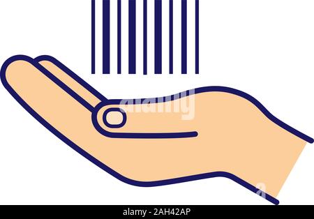 Main tenant l'icône de couleur code-barres. Dimension 1 code. Service Barcode Generator. Le Merchandising. La vente au détail. Code barres linéaire dans la main. Vecteur isolé illu Illustration de Vecteur