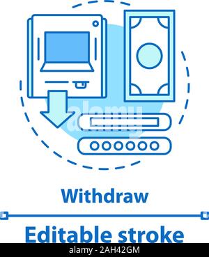 Retirer de l'argent concept icône. Distributeur automatique de ligne mince idée illustration. Cash Out. Distributeur automatique de billets. Vector isolated silhouette. Course modifiable Illustration de Vecteur