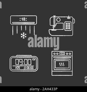 Craie d'électroménager icons set. Air conditionné, machine à coudre, horloge numérique, cuisine cuisinière. Illustrations vectorielles chalkboard Illustration de Vecteur