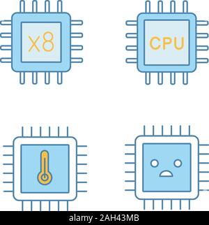 Couleur processeurs icons set. L'octa core CPU, processeurs, la température du microprocesseur Puce, triste. Illustrations vectorielles Illustration de Vecteur