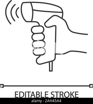 La lecture de codes à barres sans fil icône linéaire. Connexion Wi-Fi au réseau local et de code-barres QR code à barres lecteur portable. La main du caissier. Main tenant lecture codes barres. Cont Illustration de Vecteur