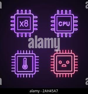 Les transformateurs neon light icons set. L'octa core CPU, processeurs, la température du microprocesseur Puce, triste. Les panneaux lumineux. Vector illustrations isolées Illustration de Vecteur