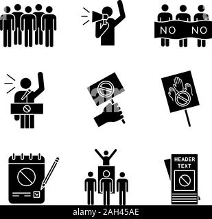 Action de protestation, glyphe icons set. Réunion, manifestant, discours, piquetage, bannière, protester contre un placard, pétition, chef, notice. Symboles de Silhouette. Iso vecteur Illustration de Vecteur