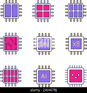 L'icône de couleur des processeurs. L'octa, double, quadruple, six core chips, CPU, processeur triste, circuit intégré, AI microprocesseur. Vector illustration isolé Illustration de Vecteur