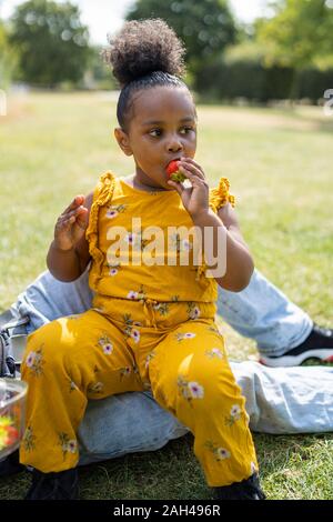 Fille avec père eating strawberry sur une prairie dans un parc Banque D'Images