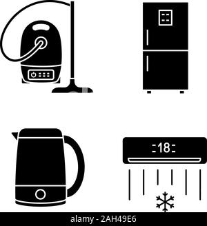 Glyphe d'électroménager icons set. Aspirateur, réfrigérateur, bouilloire électrique, climatisation. Symboles de Silhouette. Vector illustration isolé Illustration de Vecteur