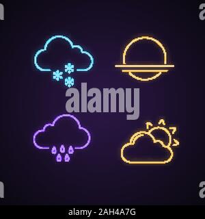 Météo neon light icons set. Faible neige, lever du soleil, coucher du soleil, pluie, bruine partiellement nuageux. Les panneaux lumineux. Vector illustrations isolées Illustration de Vecteur