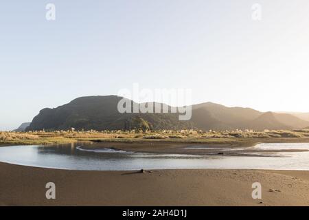 Un matin tôt sur le fleuve côtier et bush clad Waitakere Ranges montagnes à la plage de sable noir à distance Whatipu à Auckland, en Nouvelle-Zélande. Banque D'Images