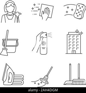 Service de nettoyage icons set linéaire. Femme de chambre, serviette, éponge, balai et seau, diffuseur de parfum, repassage, nettoyage bureaux, scoop, pinceau, mop. Symbole de contour Illustration de Vecteur