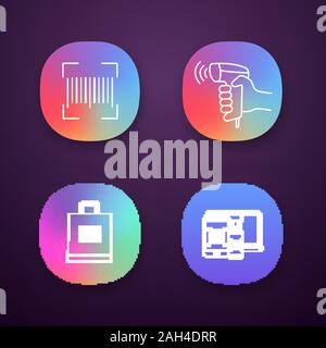Les icônes des barres ensemble. Code linéaire, le lecteur de codes à barres de poche, sac de shopping, les codes QR sur différents périphériques. UI/UX interface utilisateur. Applic mobile ou Web Illustration de Vecteur