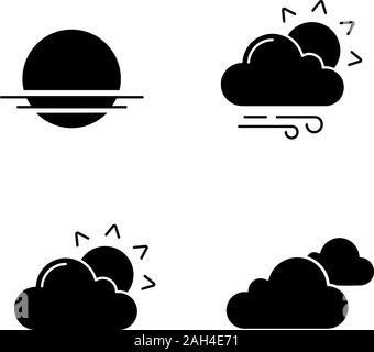 Météo glyphe icons set. Lever du soleil, coucher du soleil, très nuageux et venteux, les nuages. Symboles de Silhouette. Vector illustration isolé Illustration de Vecteur