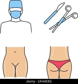 La chirurgie en plastique color icons set. Chirurgien, le scalpel et le collier, lifting des cuisses, chirurgie de correction de la taille. Illustrations vectorielles Illustration de Vecteur