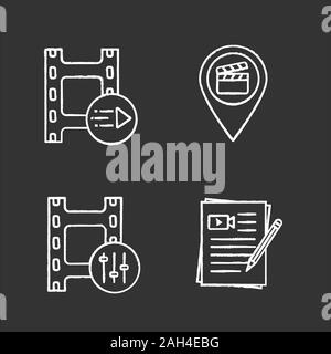 L'industrie du film de la craie icons set. Motion Graphics, film endroits, ingénieur du son, les scripts d'animation. Illustrations vectorielles chalkboard Illustration de Vecteur