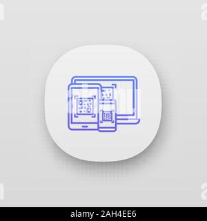 Les codes QR sur différents périphériques icône de l'application. Les codes à barres de la matrice génératrice. Les codes 2D sur ordinateur portable, smartphone, tablette PC. Matrice de données. Lecture de codes-barres, l'analyse d'un Illustration de Vecteur