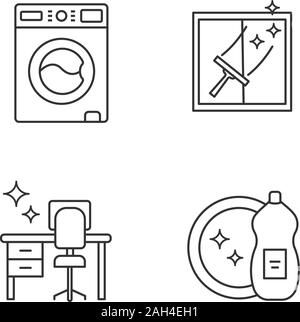 Service de nettoyage icons set linéaire. Lave-linge, lavage de vitres, bien rangées, du liquide vaisselle de table. Fine ligne contour des symboles. Fait paraître le vecteur isolé Illustration de Vecteur