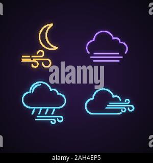 Météo neon light icons set. Nuit claire vent, brouillard, tempête, coup de vent. Les panneaux lumineux. Vector illustrations isolées Illustration de Vecteur