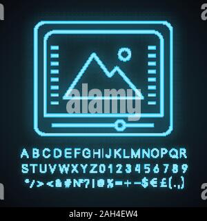 La correction de la couleur et l'icône de classement neon light. Photo, montage vidéo. La cinématographie. La gestion des couleurs. Signe rougeoyant avec alphabet, chiffres et symboles. Illustration de Vecteur